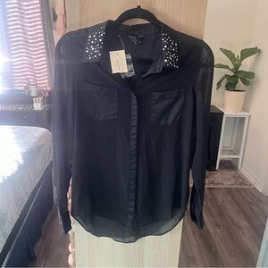 NWT Y2K Guess Black Embellished Button Down Shirt mesh w/ silk‎ trim/pocket